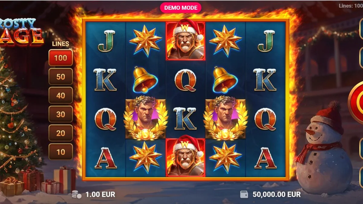 Tampilan visual slot Frosty Rage dengan tema gladiator Natal